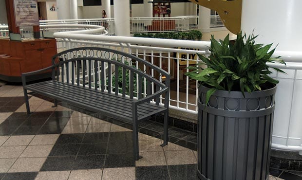 Atlanta bench and Atlanta litter receptacle at an indoor mall