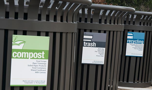 Midtown receptacles with trash, recycling and compost signage