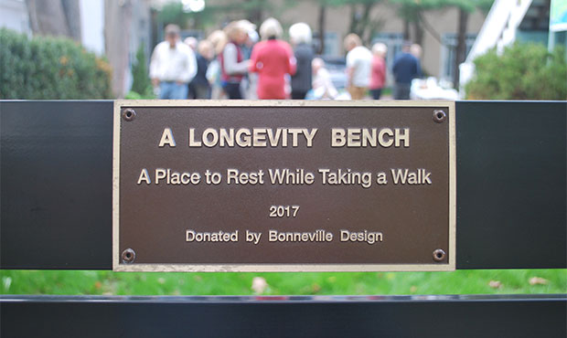 Detail of the custom plaques affixed to numerous Everett Benches around Manchester, NH