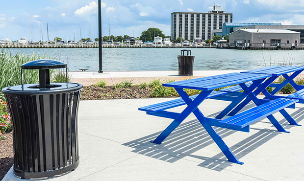 Breakwater Picnic Tables and Harmony Litters at a marina