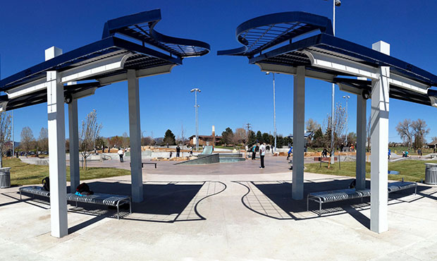 Curved Pullman Flat Benches outside a Colorado skate park