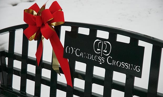 McConnell bench with red bow at McCandless Crossing