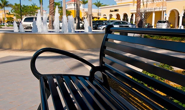 Schenley Bench close up at the Del Ray marketplace, an outdoor retail shopping center
