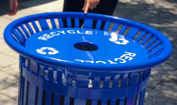 Blue Midtown Recycling Receptacle with decals