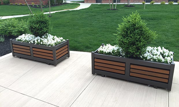 Plaza planters with steel and wood