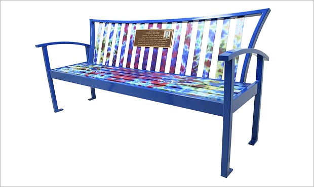 Exeter Bench with Back, plaque, and tie-dye pattern