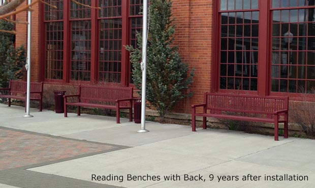 Reading Benches with laser cut train artwork over 10 years old