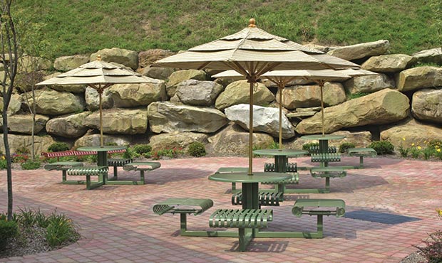 Wood Northern Ash umbrellas shown on Hapsburg table sets