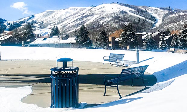 Keystone Ridge Designs site furnishings in front of the Park City ski slopes