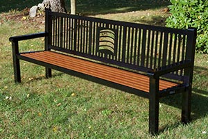 Wood Grain Aluminum Slats on Reading Bench with Back and laser cut logo