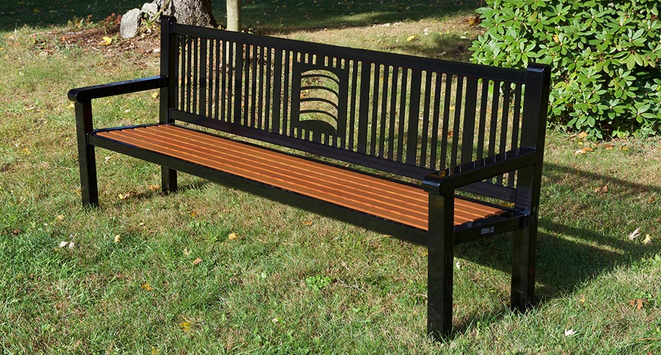 Custom Reading Bench with Back, laser cut logo, and aluminum wood grain slats