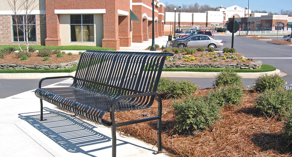 Midtown Bench with Back on site in a retail setting