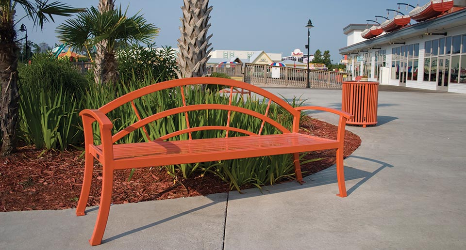 Kerrington Bench with Back and Reading Litter on a retail boardwalk