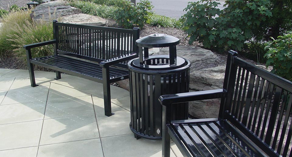 Reading Litter Receptacle and Benches with Back in an outdoor retail environment